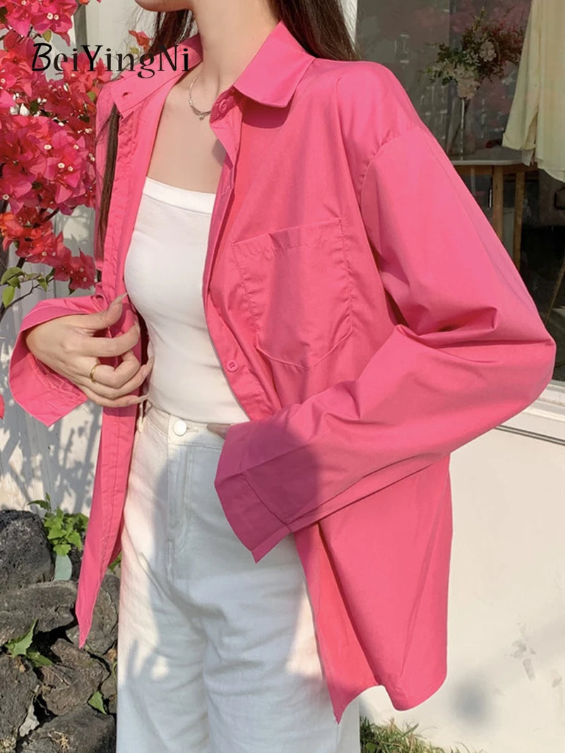 Timeless Elegance: 2024 Spring Autumn Oversized White Blouse for Women with Pockets - Casual Korean Style Fashion Statement