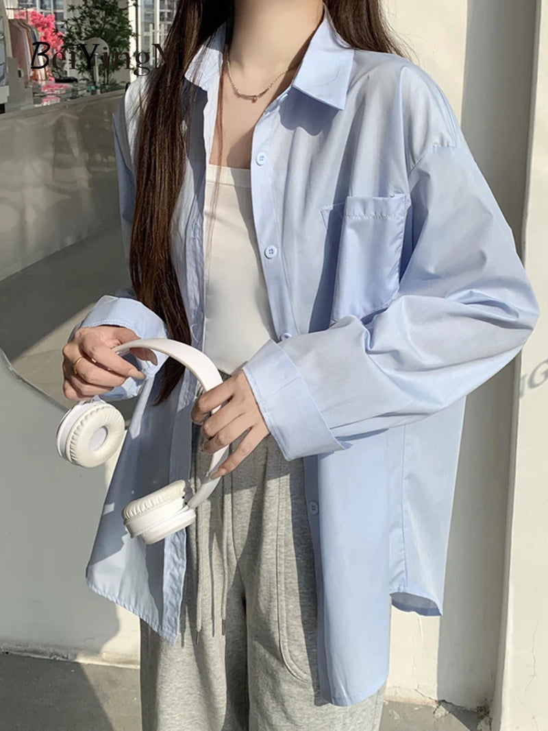 Timeless Elegance: 2024 Spring Autumn Oversized White Blouse for Women with Pockets - Casual Korean Style Fashion Statement