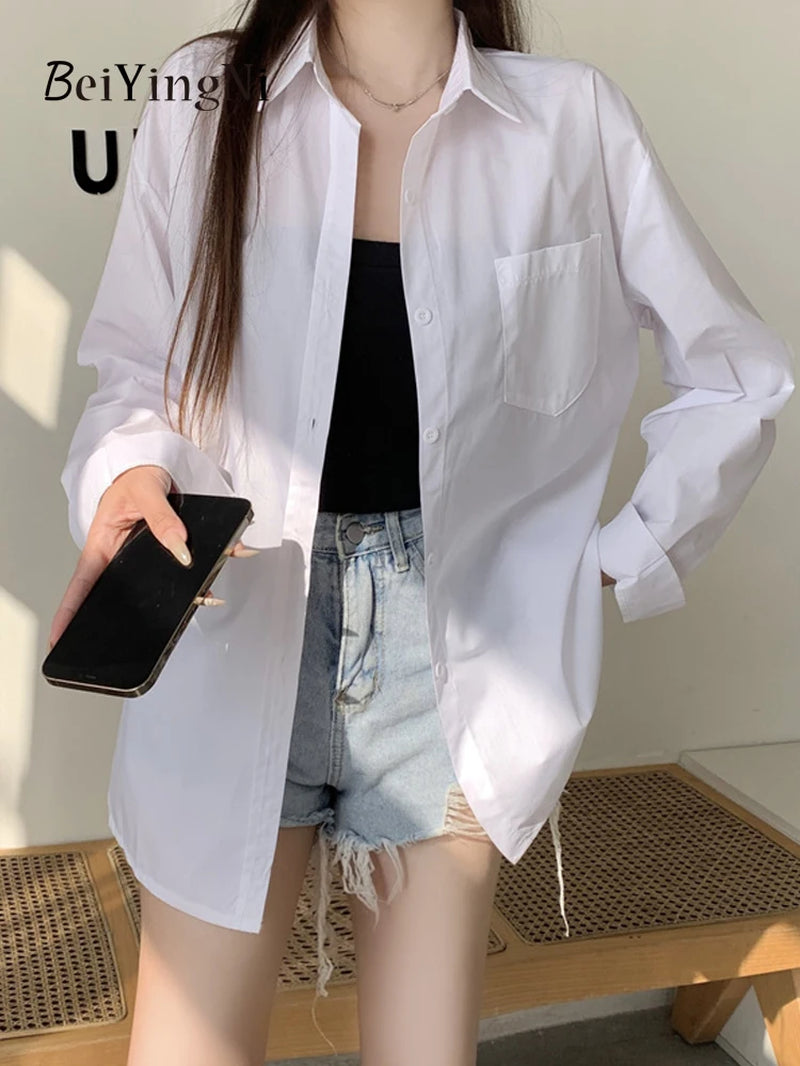 Timeless Elegance: 2024 Spring Autumn Oversized White Blouse for Women with Pockets - Casual Korean Style Fashion Statement