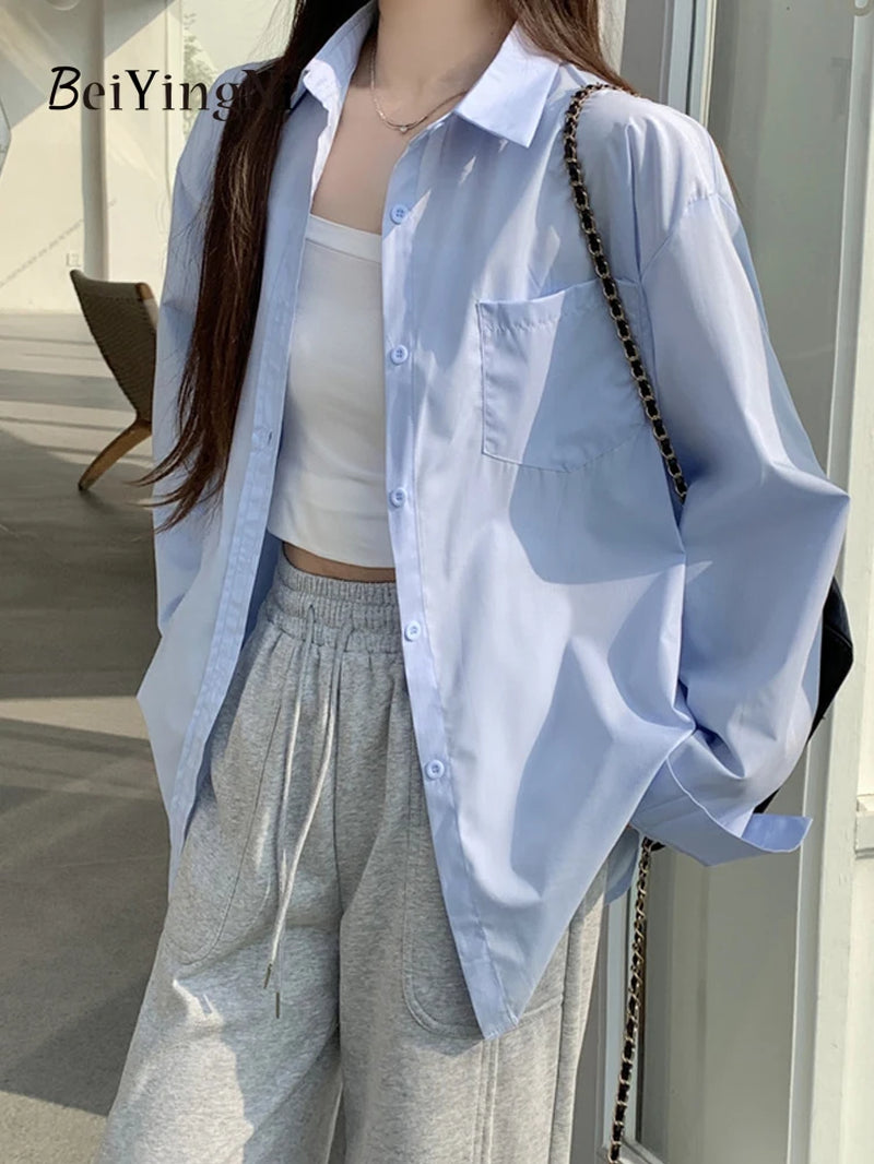 Timeless Elegance: 2024 Spring Autumn Oversized White Blouse for Women with Pockets - Casual Korean Style Fashion Statement