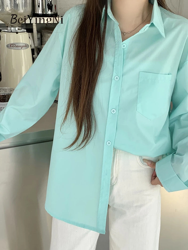 Timeless Elegance: 2024 Spring Autumn Oversized White Blouse for Women with Pockets - Casual Korean Style Fashion Statement