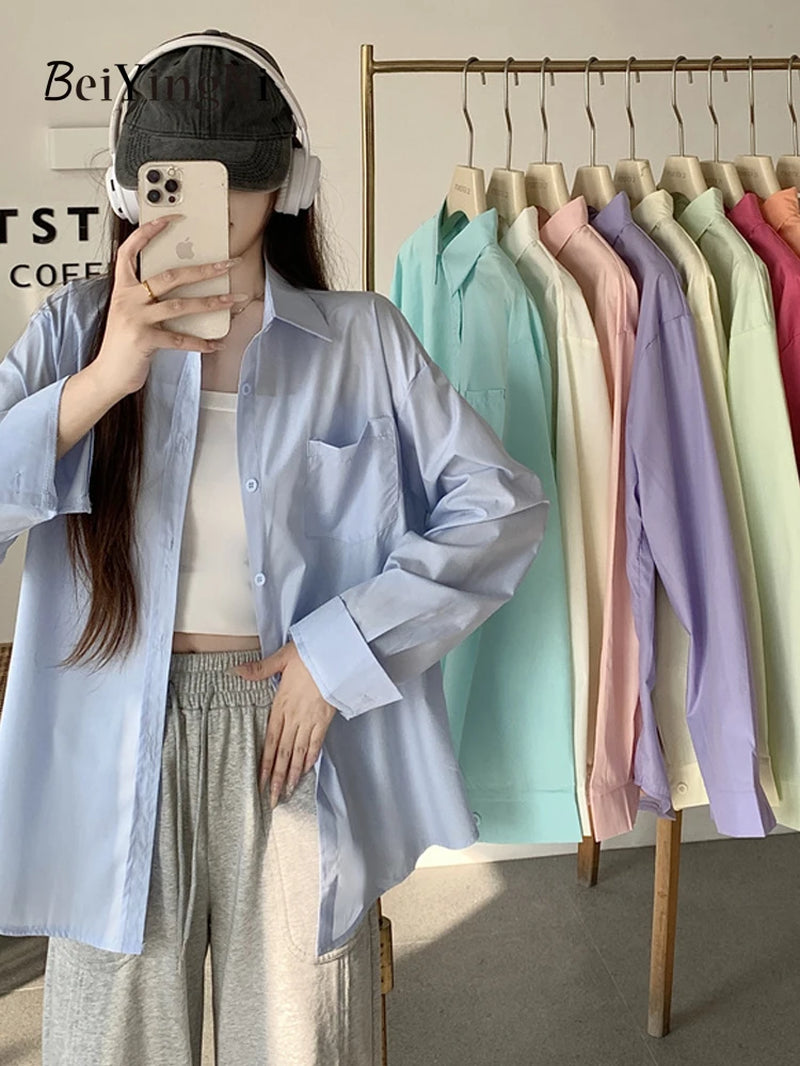 Timeless Elegance: 2024 Spring Autumn Oversized White Blouse for Women with Pockets - Casual Korean Style Fashion Statement