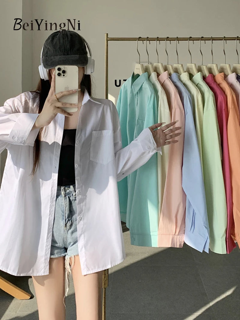 Timeless Elegance: 2024 Spring Autumn Oversized White Blouse for Women with Pockets - Casual Korean Style Fashion Statement
