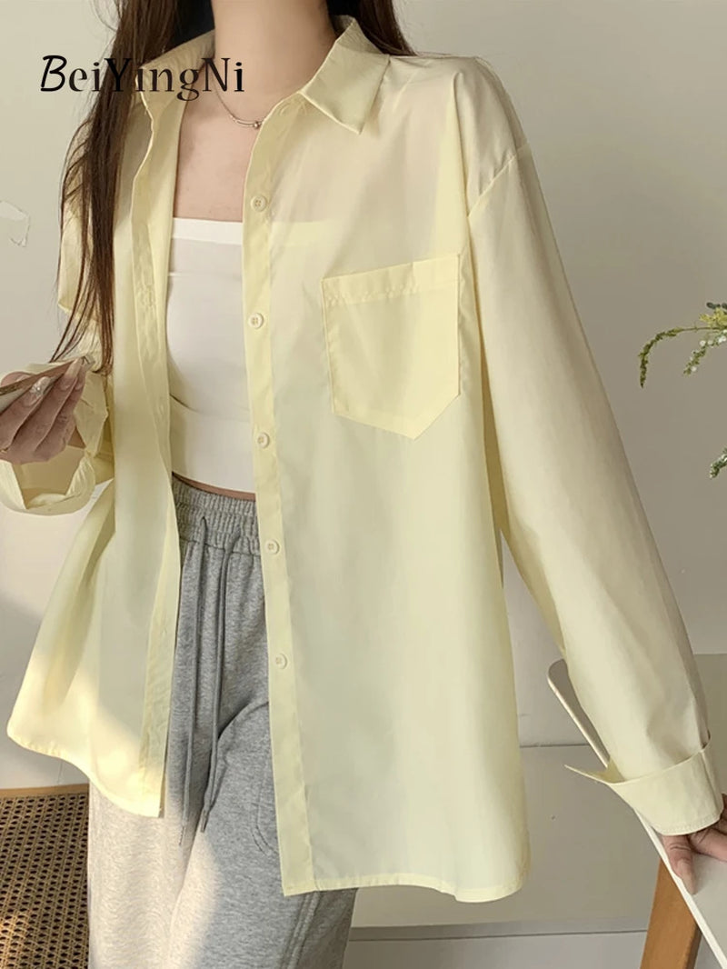 Timeless Elegance: 2024 Spring Autumn Oversized White Blouse for Women with Pockets - Casual Korean Style Fashion Statement