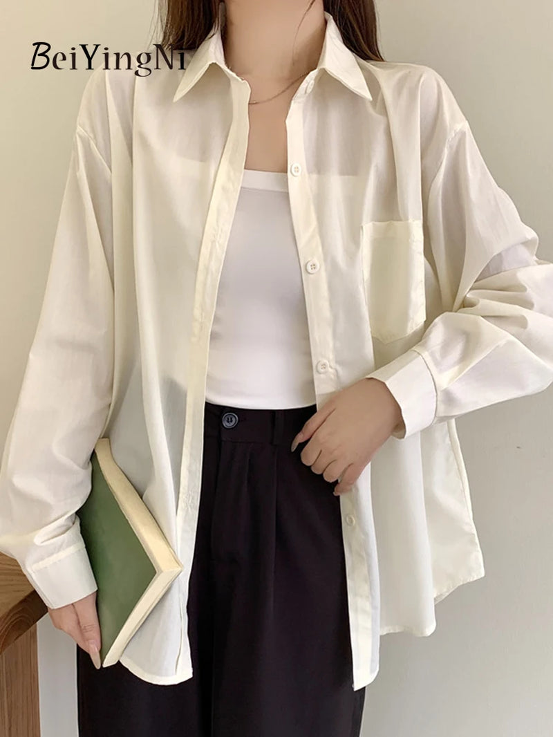 Timeless Elegance: 2024 Spring Autumn Oversized White Blouse for Women with Pockets - Casual Korean Style Fashion Statement