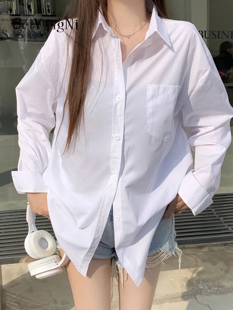 Timeless Elegance: 2024 Spring Autumn Oversized White Blouse for Women with Pockets - Casual Korean Style Fashion Statement