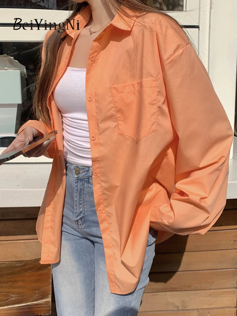 Timeless Elegance: 2024 Spring Autumn Oversized White Blouse for Women with Pockets - Casual Korean Style Fashion Statement