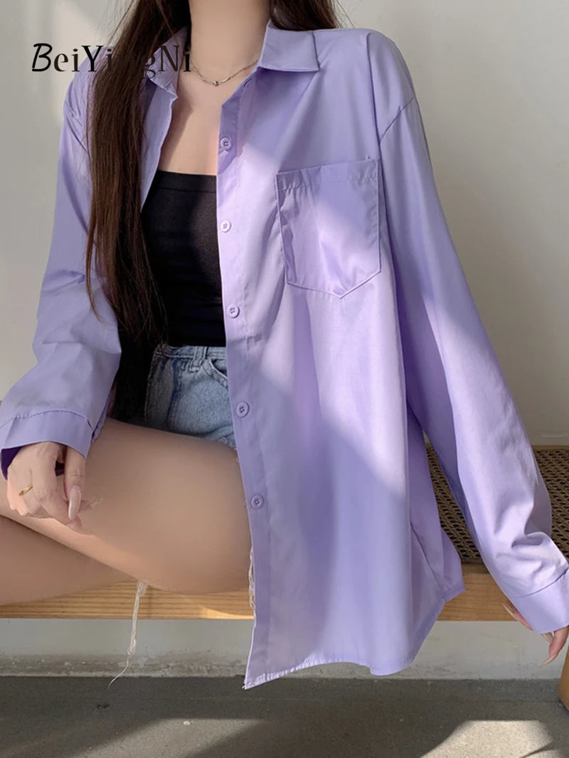 Timeless Elegance: 2024 Spring Autumn Oversized White Blouse for Women with Pockets - Casual Korean Style Fashion Statement