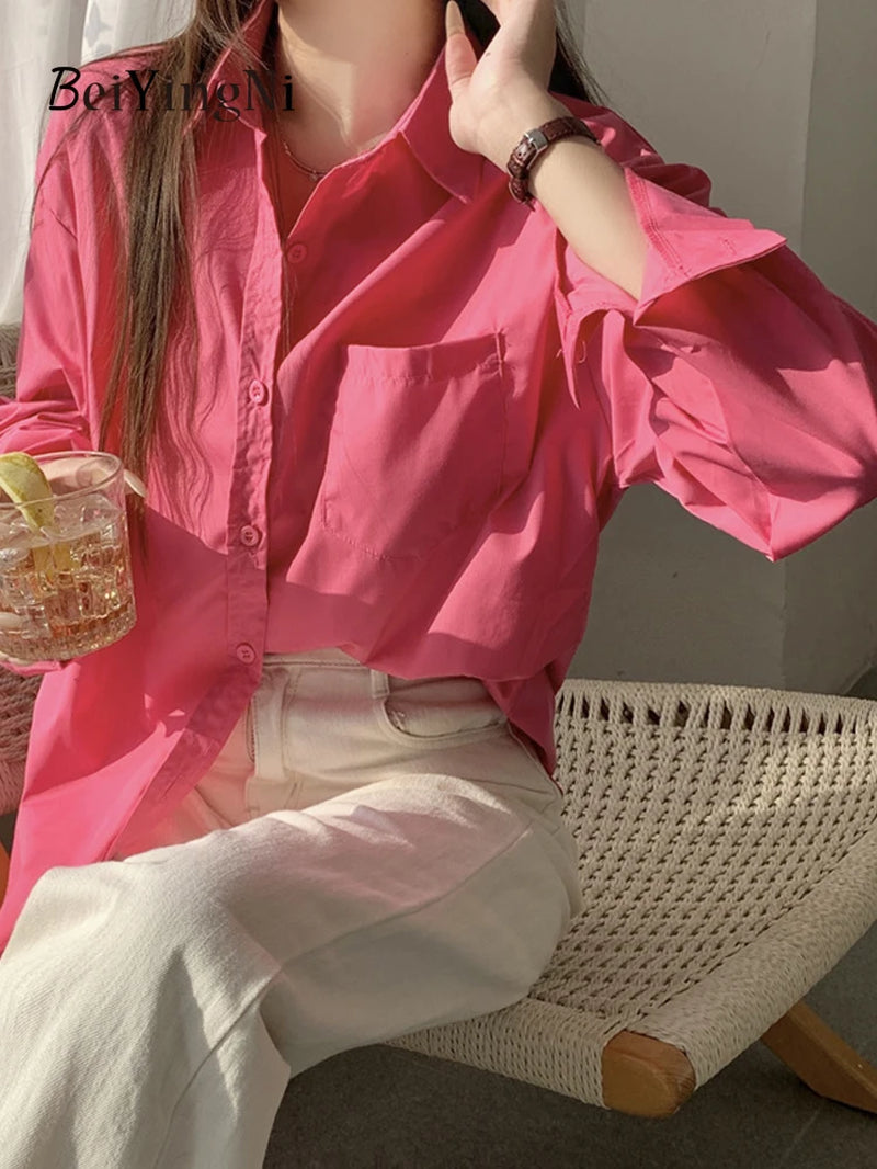 Timeless Elegance: 2024 Spring Autumn Oversized White Blouse for Women with Pockets - Casual Korean Style Fashion Statement