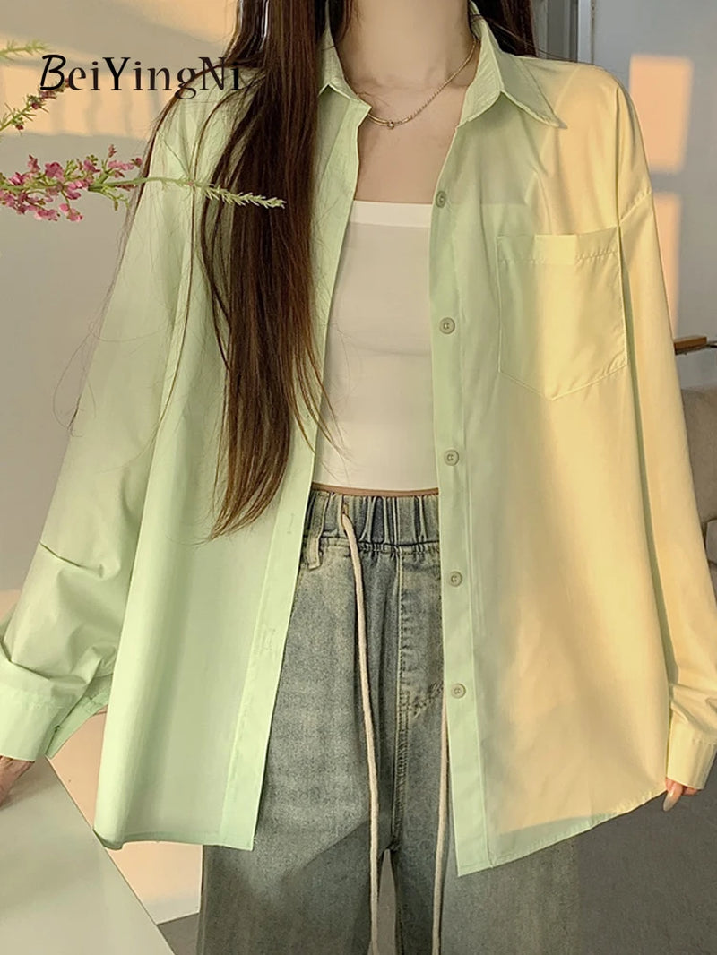Timeless Elegance: 2024 Spring Autumn Oversized White Blouse for Women with Pockets - Casual Korean Style Fashion Statement