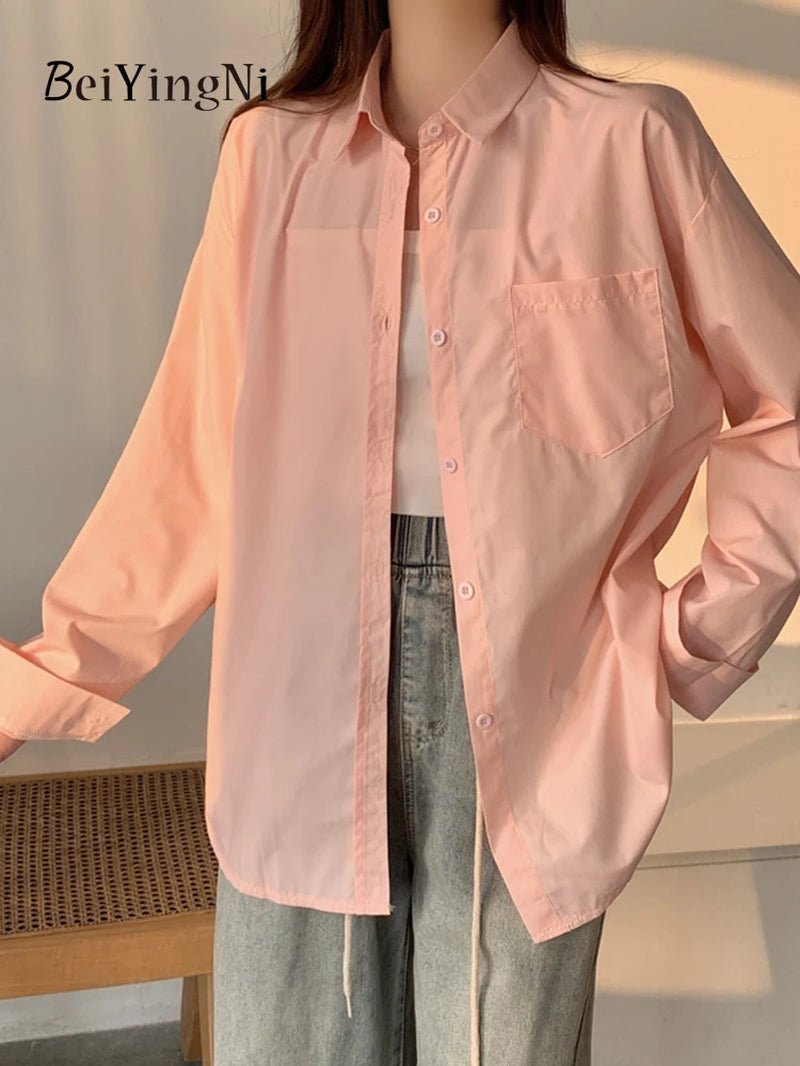 Timeless Elegance: 2024 Spring Autumn Oversized White Blouse for Women with Pockets - Casual Korean Style Fashion Statement