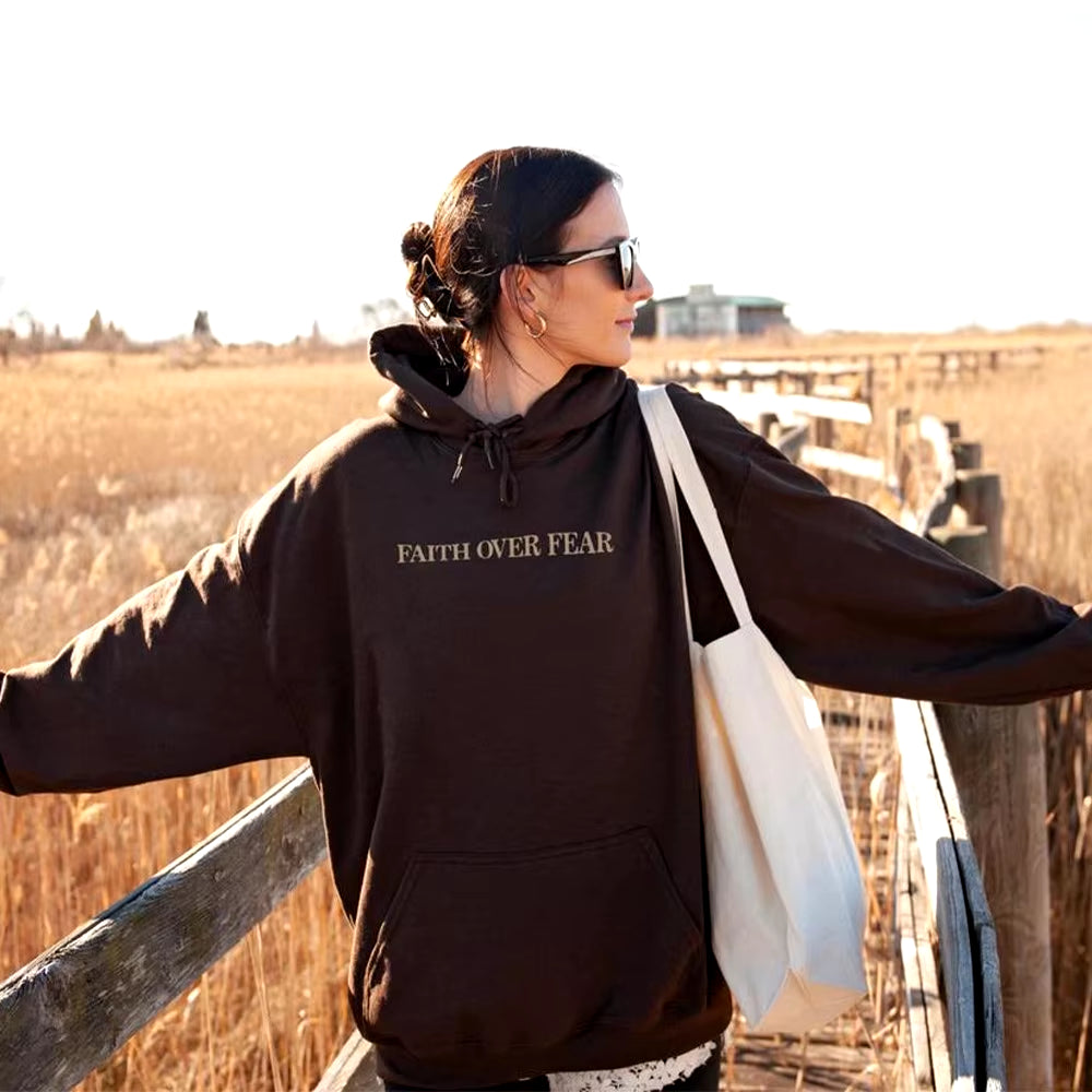 Elevate Your Style with the Faith Over Fear Christian Hoodie - Trendy Sweatshirt Featuring Inspiring Bible Verses