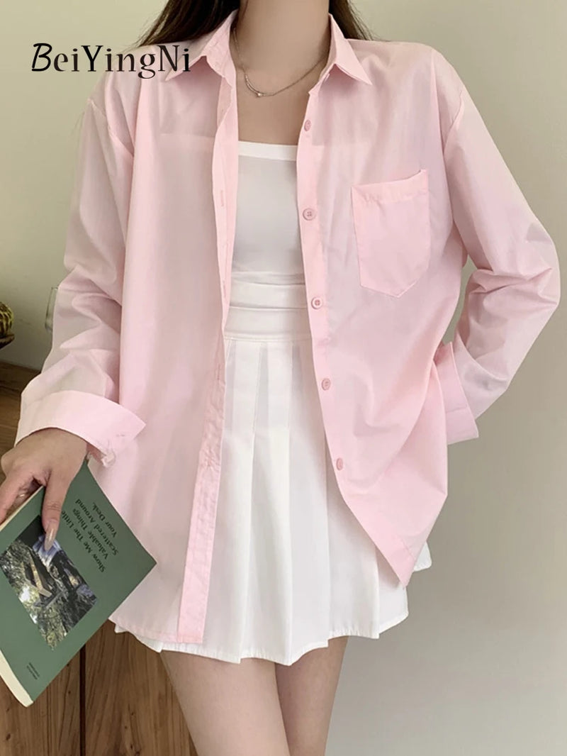 Timeless Elegance: 2024 Spring Autumn Oversized White Blouse for Women with Pockets - Casual Korean Style Fashion Statement