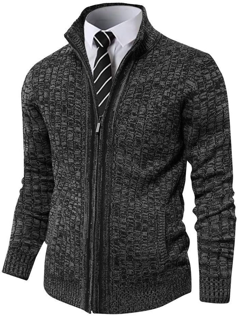 Stylish Men's Charcoal Heather Cardigan Sweater - Full Zip Stand Collar, Slim Fit with 2 Functional Front Pockets for Ultimate Comfort and Fashion